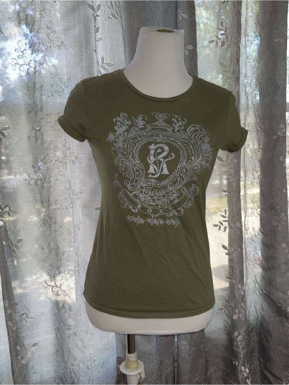 Y2K Roxy Olive Green Short Sleeve Graphic Tee